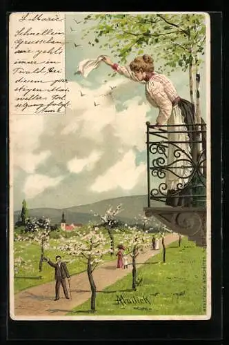 Künstler-AK Alfred Mailick: Junge Frau winkt einem Herrn vom Balkon