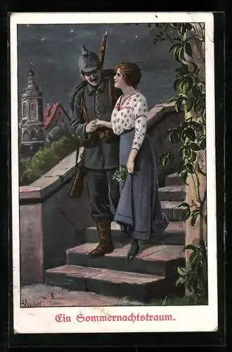 Künstler-AK Alfred Mailick: Ein Sommernachtstraum, Soldat mit Geliebter