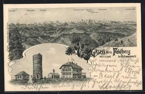 Lithographie Feldberg im Schwarzwald, Gasthaus zum Feldbergturm, Bergpanorama mit Eiger, Mönch und Jungfrau
