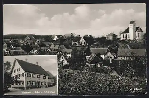 AK Mittelbuch, Gasthaus zum Adler v. K. Lämmle, Teilansicht mit Kirche