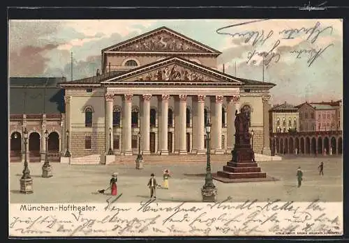Lithographie München, Hoftheater, Denkmal, Leute
