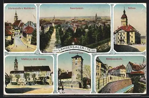 AK Langensalza i. Th., Ortsansicht, Erfurterstrasse, Rathaus, Stadtmauerturm