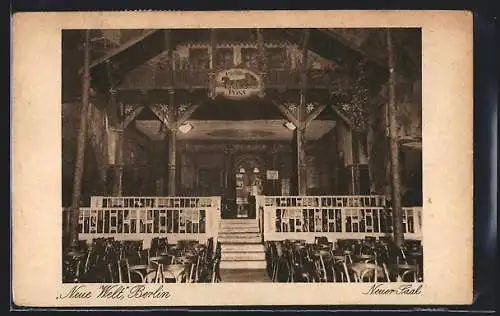 AK Berlin-Neukölln, Neue Welt, Gasthaus Post, Neuer Saal, Innenaufnahme