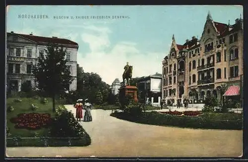 AK Nordhausen, Teilansicht mit Museum und Kaiser Friedrich-Denkmal