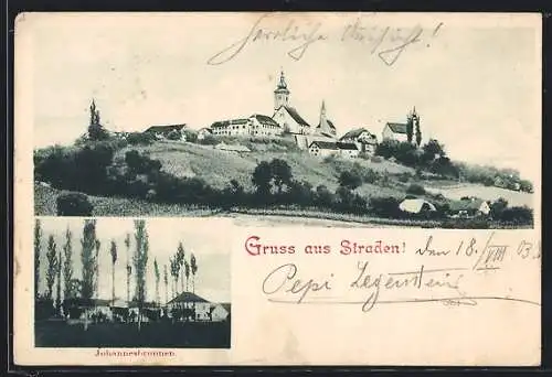 AK Straden, Ortspartie mit Kirche, Johannesbrunnen
