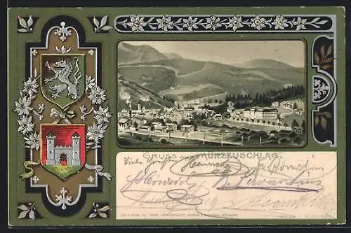 AK Mürzzuschlag, Gesamtansicht, Ortswappen