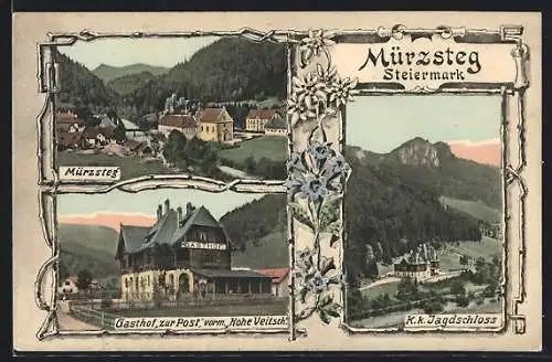 AK Mürzsteg, Jagdschloss, Gasthaus zur Post, Sicht über den Ort