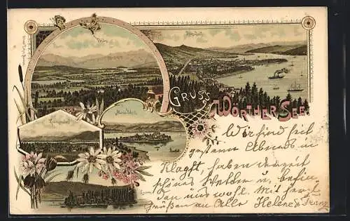 Lithographie Maria-Wörth /Wörther See, Teilansicht, Krumpendorf, Loretto