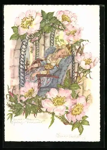 Künstler-AK Schwarz-Torino: Dornröschen, umgeben von Wildrosen