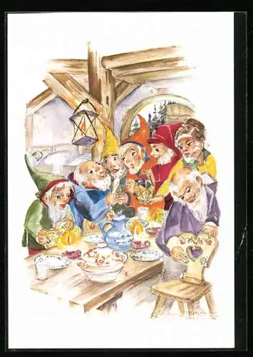 Künstler-AK Schwarz-Torino: Schneewittchen, Zwerge inspizieren den Tisch