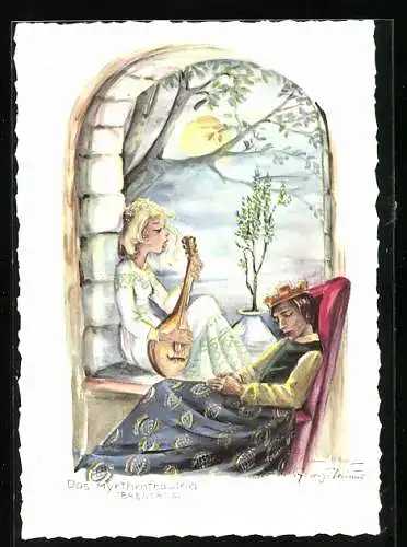 Künstler-AK Schwarz-Torino: Das Myrthenfräulein, Märchen von Brentand, Laute im Mondlicht