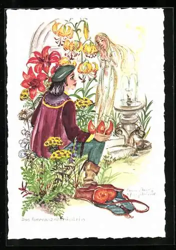 Künstler-AK Schwarz-Torino: Das Pomeranzenfräulein, Mann und Frau im Blumengarten