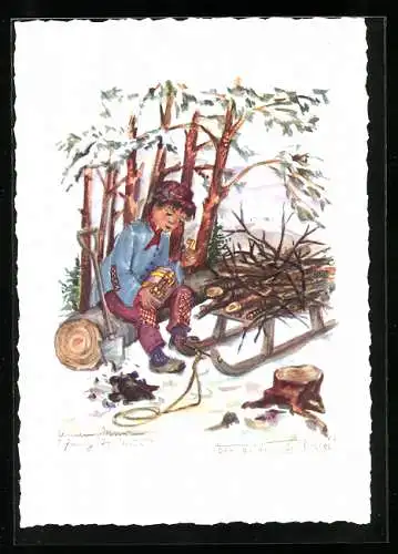 Künstler-AK Schwarz-Torino: Der goldene Schlüssel, Bub sitzt mit Truhe im Wald