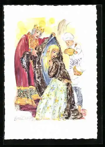 Künstler-AK Schwarz-Torino, Allerleirauh, junges Mädchen wird in einen Mantel gehüllt