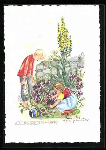 Künstler-AK Schwarz-Torino: Eine Kindergeschichte, Mädchen und Bub fangen Schnecken