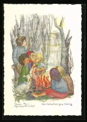 Künstler-AK Schwarz-Torino: Des Nebelberges König, Kinder sitzen am Lagerfeuer