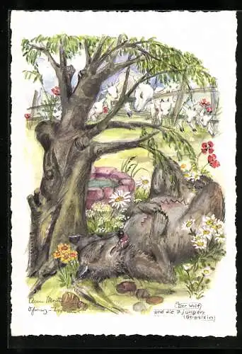 Künstler-AK Schwarz-Torino: Der Wolf und die 7 jungen Geisslein, Wolf liegt unterm Baum