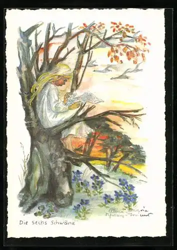 Künstler-AK Schwarz-Torino: Die Sechs Schwäne, Mädchen sitzt im Baum