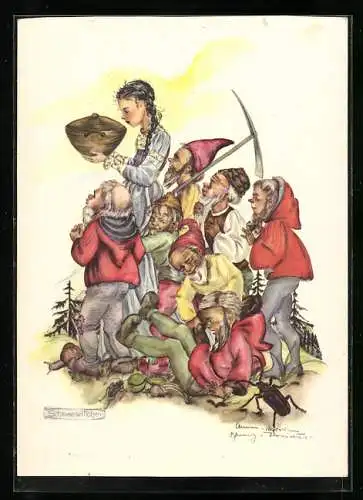 Künstler-AK Schwarz-Torino: Schneewittchen mit den sieben Zwergen