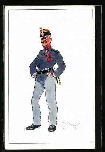 Künstler-AK Fritz Schönpflug: Breitbeinig stehender dekorierter Soldat, Karikatur