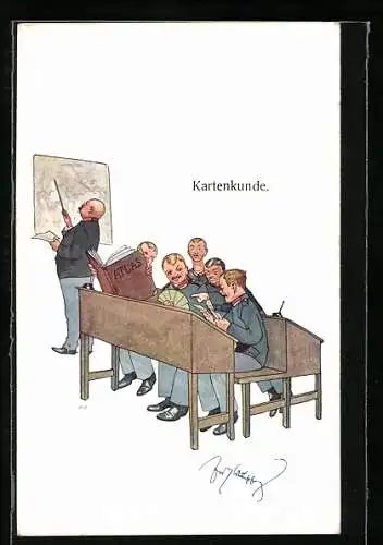 Künstler-AK Fritz Schönpflug: Kartenkunde - Soldaten im Unterricht, Karikatur