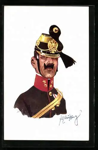 Künstler-AK Fritz Schönpflug: Soldat in Uniform mit Federhut Mütze