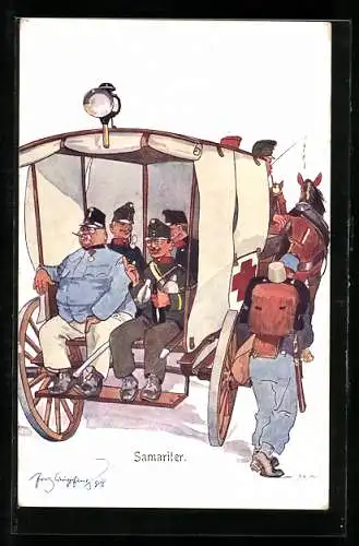 Künstler-AK Fritz Schönpflug: Samariter, Soldaten in einer Pferdekutsche