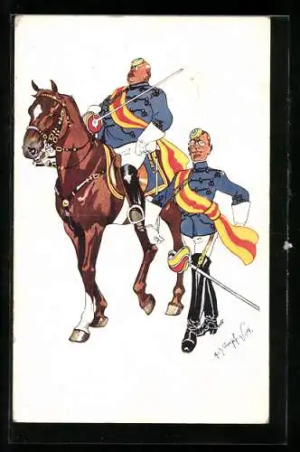 Künstler-AK Fritz Schönpflug: Zwei Soldaten in Uniform mit Degen und Pferd