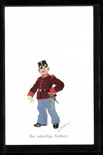 Künstler-AK Fritz Schönpflug: kleiner Soldat mit Zigarette, Der zukünftige Feldherr