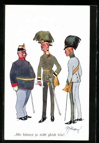 Künstler-AK Fritz Schönpflug: Soldaten in unterschiedlichen Uniformen, Alle können ja nicht gleich sein