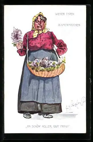 Künstler-AK Fritz Schönpflug: Wiener Typen - Blumenmädchen, An Schön` Holler, Gnä` Frau?