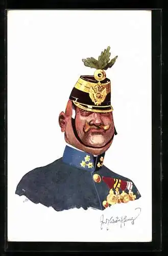 Künstler-AK Fritz Schönpflug: Korpulenter Soldat mit kleinem Helm, Karikatur