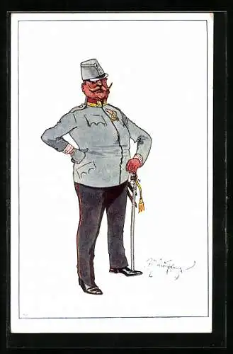 Künstler-AK Fritz Schönpflug: korpulenter Soldat in seiner Uniform