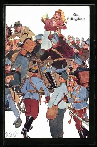 Künstler-AK Fritz Schönpflug: Durstige Soldaten bestürmen Wirtsleute, Karikatur