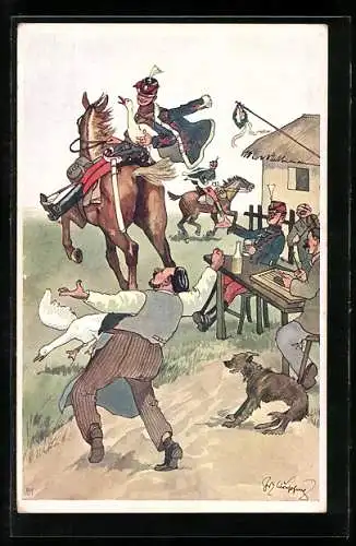 Künstler-AK Fritz Schönpflug: Soldat stielt eine Gans und reitet auf dem Pferd davon
