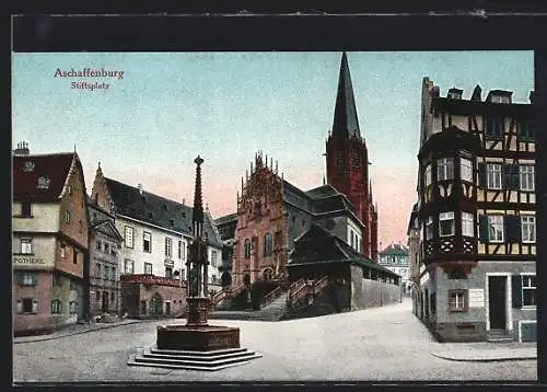 AK Aschaffenburg, Stiftsplatz mit Apotheke, Kirche und Brunnen