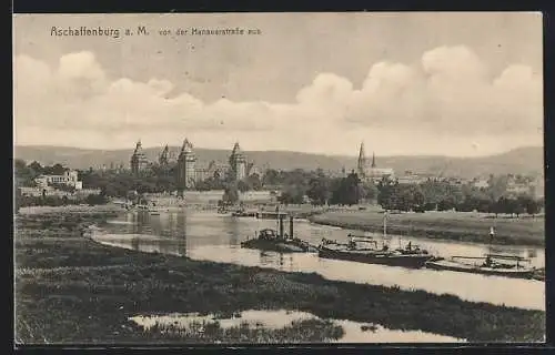 AK Aschaffenburg a. M., Ortsansicht von der Hanauerstrasse, Dampfer