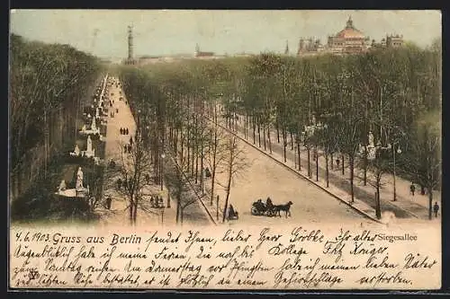 AK Berlin-Tiergarten, Siegesallee mit Schloss und Siegessäule, Pferdekutsche