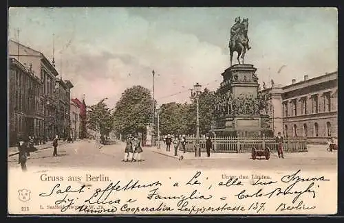 AK Berlin, Strasse Unter den Linden mit Denkmal