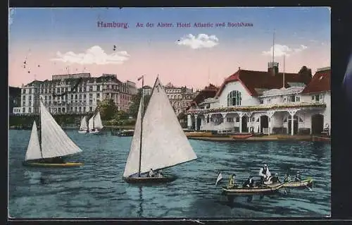 AK Hamburg-St.Georg, Hotel Atlantic und Bootshaus an der Alster