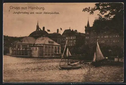 AK Hamburg-Neustadt, Jungfernstieg und Cafe neuer Alsterpavillon