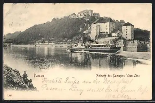 AK Passau, Ankunft des Dampfers Wien-Linz