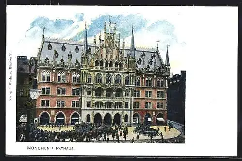 AK München, Rathaus mit Brunnen