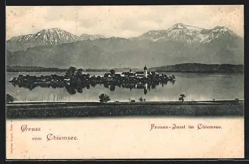 AK Frauen-Insel im Chiemsee, Ortsansicht mit Bergen