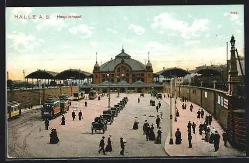 AK Halle a.d. Saale, Strassenbahnen am Hauptbahnhof