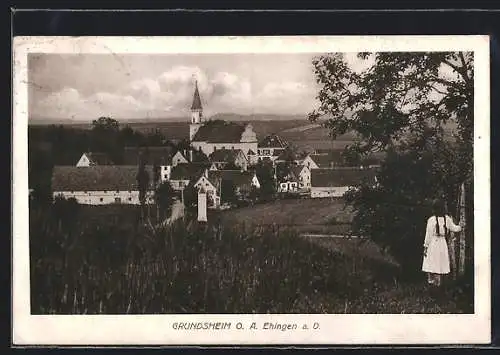 AK Grundsheim O. A. Ehingen a. D., Ortsansicht mit Kirche