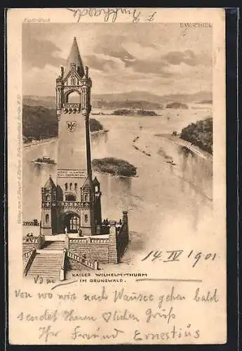 Künstler-AK Berlin, Kaiser Wilhelm-Turm im Grunewald