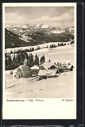 AK Balderschwang i. Allg., Ortsansicht mit Kirche im Schnee
