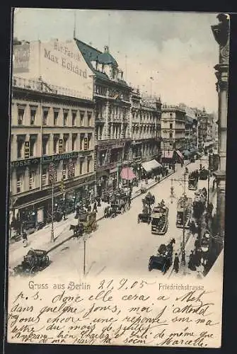 AK Berlin, Friedrichstrasse, Pferdekutschen und Busse, Hutfabrik Max Eckard