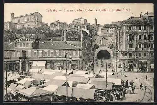 AK Trieste, Piazza Carlo Goldoni e Galleria di Montuzza, Marktstände